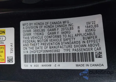 2022 Honda Civic Sport from USA, damaged, VIN 2HGFE2F5XNH603892